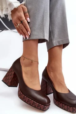 Skórzane Czółenka Na Słupku Laura Messi 259/236-820 Brązowe