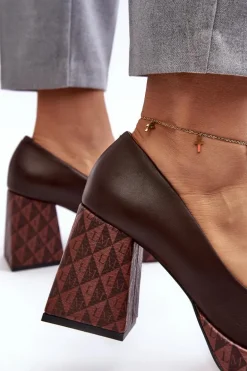 Skórzane Czółenka Na Słupku Laura Messi 259/236-820 Brązowe