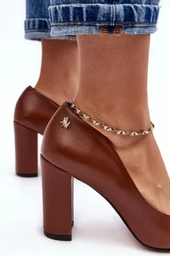 Skórzane Czółenka Na Słupku Laura Messi 2624/237 Brązowe