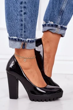 Skórzane Czółenka Na Słupku Maciejka 02629-05 Lakierowane Czarne