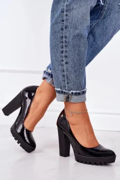 Skórzane Czółenka Na Słupku Maciejka 02629-05 Lakierowane Czarne