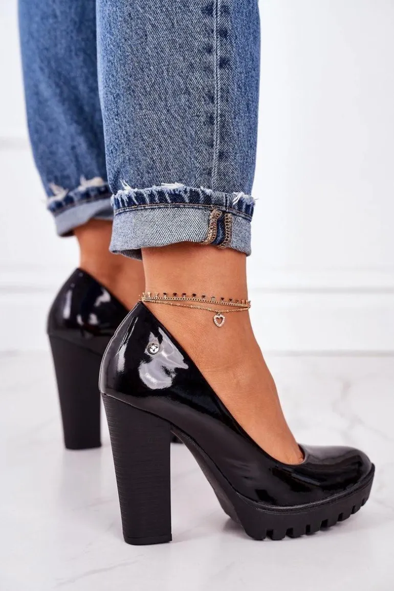 Skórzane Czółenka Na Słupku Maciejka 02629-05 Lakierowane Czarne