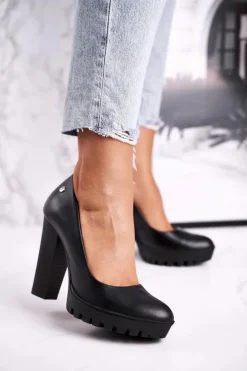 Skórzane Czółenka Na Słupku Maciejka 02629-01 Czarne