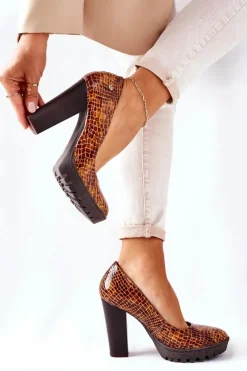 Skórzane Czółenka Na Słupku Maciejka 02629-50 Lakierowane Rudy