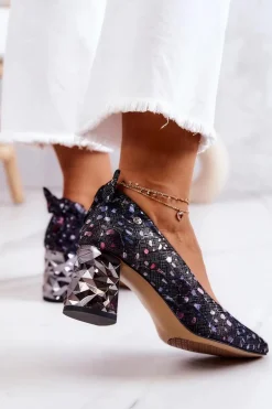 Skórzane Czółenka Na Słupku Maciejka 05334-15 Granatowe