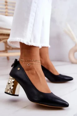 Skórzane Czółenka Na Słupku Maciejka 05334-01 Czarne