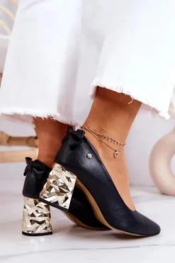 Skórzane Czółenka Na Słupku Maciejka 05334-01 Czarne