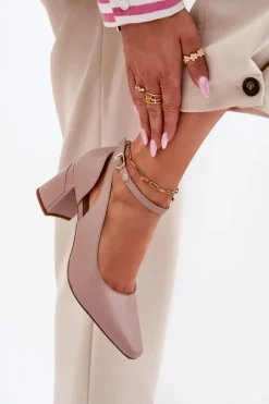 Skórzane Czółenka Na Słupku Maciejka K6816-04 Beżowe