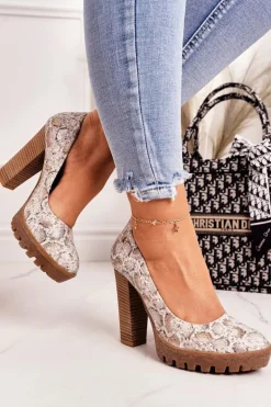 Skórzane Czółenka Na Słupku Maciejka 02629-25 Złoto-Beżowe