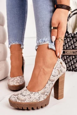 Skórzane Czółenka Na Słupku Maciejka 02629-25 Złoto-Beżowe