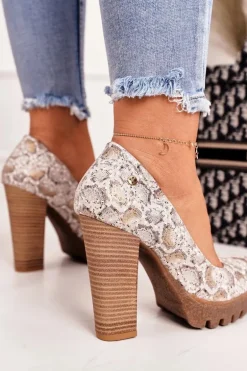 Skórzane Czółenka Na Słupku Maciejka 02629-25 Złoto-Beżowe