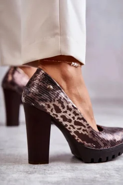 Skórzane Czółenka Na Słupku Maciejka 02629-02 Brązowe