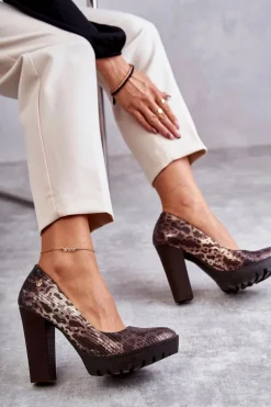 Skórzane Czółenka Na Słupku Maciejka 02629-02 Brązowe