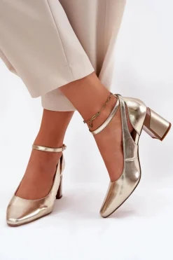 Skórzane Czółenka Na Słupku Maciejka K6816-25 Złote