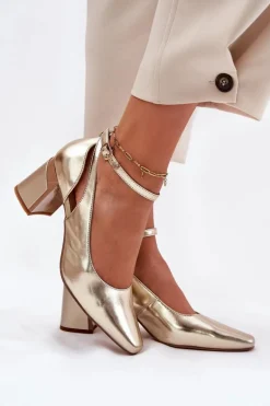 Skórzane Czółenka Na Słupku Maciejka K6816-25 Złote