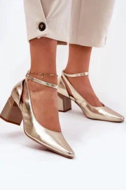 Skórzane Czółenka Na Słupku Maciejka K6816-25 Złote
