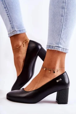 Skórzane Czółenka Na Słupku Sergio Leone PB178 Czarne