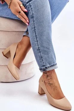 Skórzane Czółenka Na Słupku Sergio Leone PB178 Beżowe