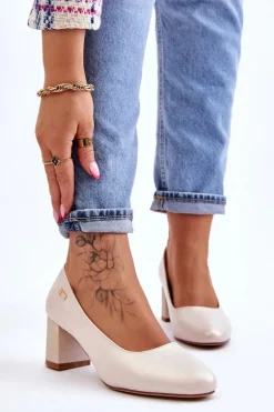 Skórzane Czółenka Na Słupku Sergio Leone PB178 Perła Beżowe