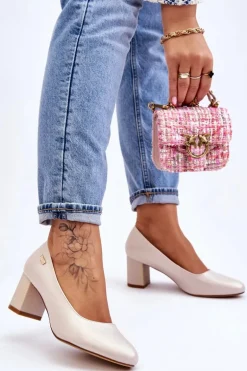 Skórzane Czółenka Na Słupku Sergio Leone PB178 Perła Beżowe