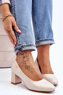 Skórzane Czółenka Na Słupku Sergio Leone PB178 Perła Beżowe