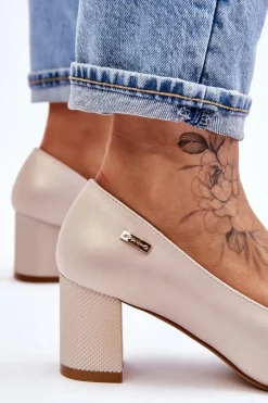 Skórzane Czółenka Na Słupku Sergio Leone PB178 Perła Beżowe