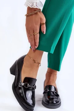 Skórzane Czółenka Na Słupku Z Ozdobą Czarne Semila