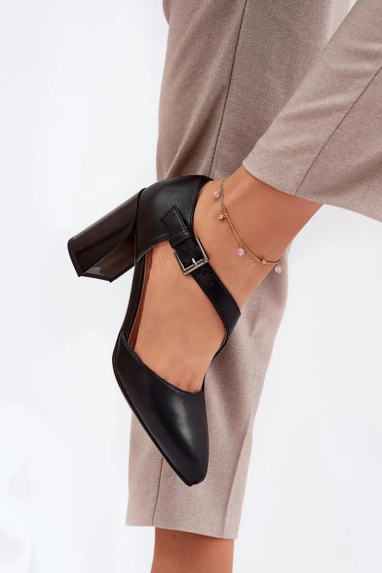 Skórzane Czółenka Na Słupku Z Klamrą Vinceza 91133 Czarne