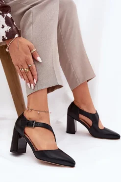 Skórzane Czółenka Na Słupku Z Klamrą Vinceza 91133 Czarne