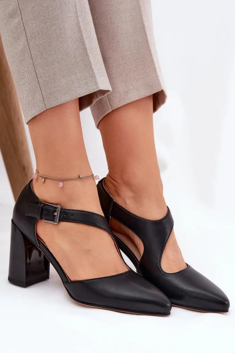 Skórzane Czółenka Na Słupku Z Klamrą Vinceza 91133 Czarne