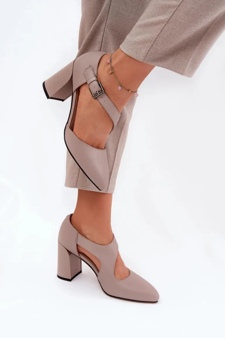 Skórzane Czółenka Na Słupku Z Klamrą Vinceza 91133 Szare