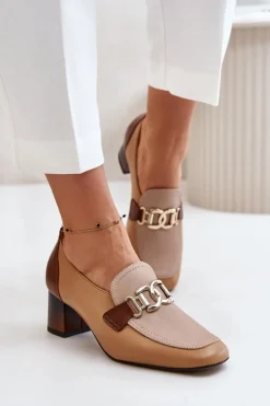 Skórzane Czółenka Na Słupku Ze Złotą Ozdobą Laura Messi 2861 Brązowe