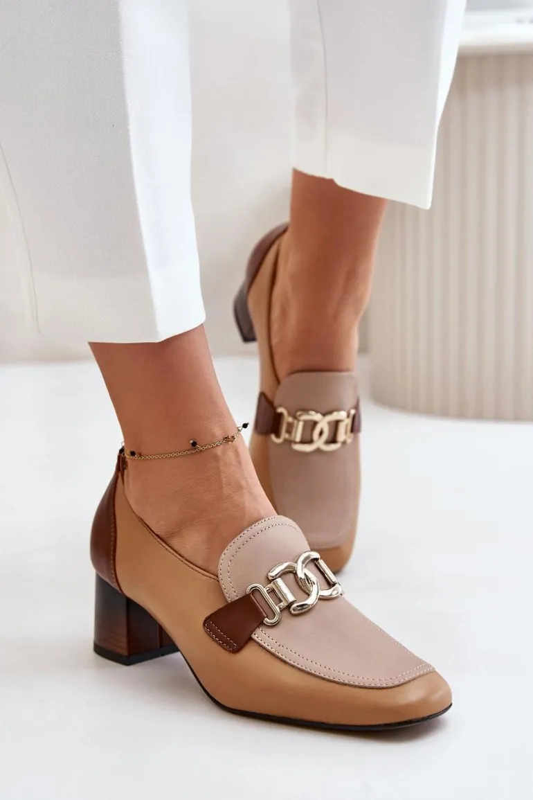 Skórzane Czółenka Na Słupku Ze Złotą Ozdobą Laura Messi 2861 Brązowe