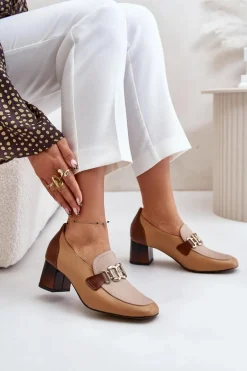 Skórzane Czółenka Na Słupku Ze Złotą Ozdobą Laura Messi 2861 Brązowe