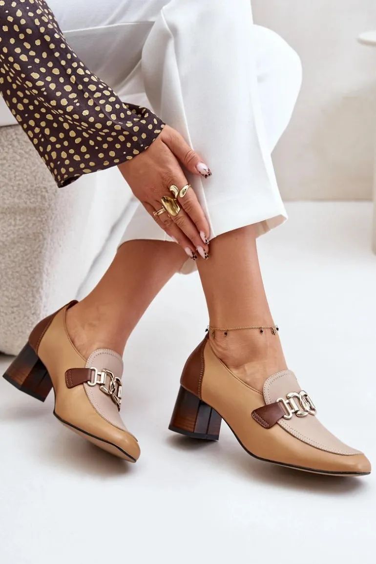 Skórzane Czółenka Na Słupku Ze Złotą Ozdobą Laura Messi 2861 Brązowe