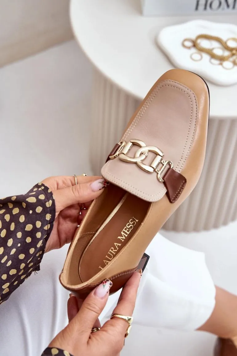 Skórzane Czółenka Na Słupku Ze Złotą Ozdobą Laura Messi 2861 Brązowe