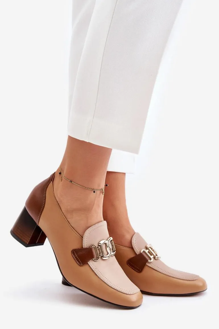 Skórzane Czółenka Na Słupku Ze Złotą Ozdobą Laura Messi 2861 Brązowe