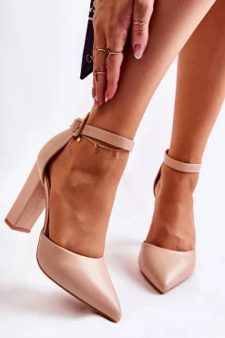 Skórzane Czółenka Na Wysokim Słupku Beżowe Salira