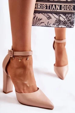 Skórzane Czółenka Na Wysokim Słupku Beżowe Salira