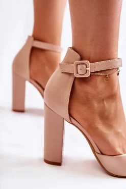 Skórzane Czółenka Na Wysokim Słupku Beżowe Salira