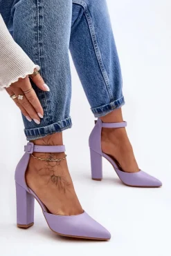 Skórzane Czółenka Na Wysokim Słupku Fioletowe Salira