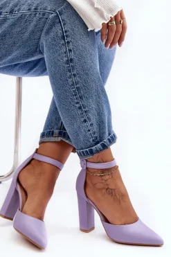 Skórzane Czółenka Na Wysokim Słupku Fioletowe Salira