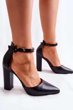 Skórzane Czółenka Na Wysokim Słupku Czarne Salira