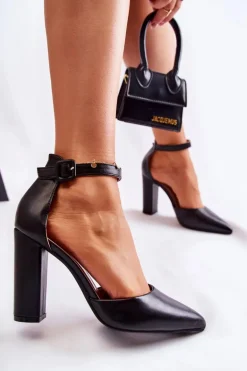 Skórzane Czółenka Na Wysokim Słupku Czarne Salira