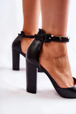 Skórzane Czółenka Na Wysokim Słupku Czarne Salira