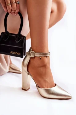 Skórzane Czółenka Na Wysokim Słupku Złote Salira