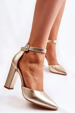 Skórzane Czółenka Na Wysokim Słupku Złote Salira