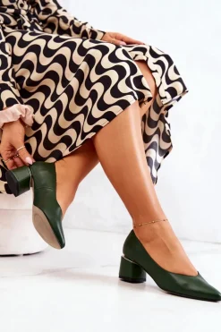 Skórzane Czółenka Nosek W Szpic Zielone Marilyn