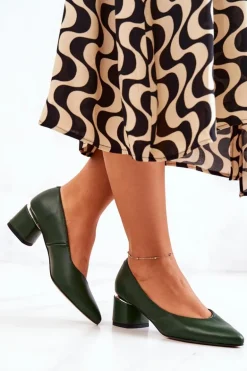 Skórzane Czółenka Nosek W Szpic Zielone Marilyn