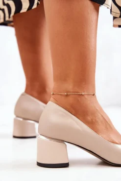 Skórzane Czółenka Nosek W Szpic Beżowe Marilyn